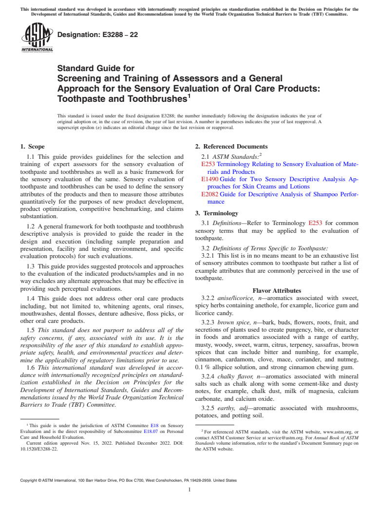 ASTM E3288-22 - Standard Guide for Screening and Training of Assessors and a General Approach for the Sensory Evaluation of Oral Care Products: Toothpaste and Toothbrushes