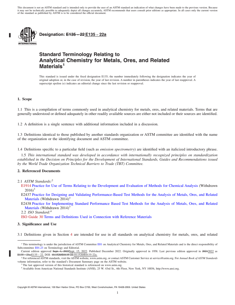 REDLINE ASTM E135-22a - Standard Terminology Relating to  Analytical Chemistry for Metals, Ores, and Related Materials