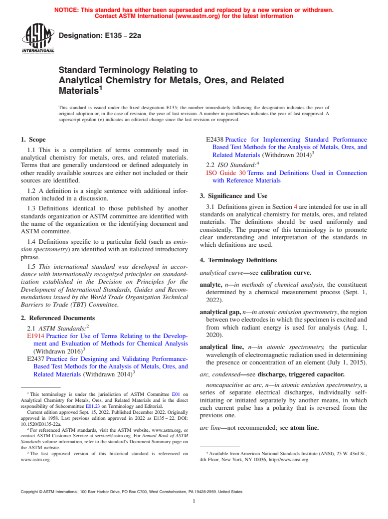 ASTM E135-22a - Standard Terminology Relating to  Analytical Chemistry for Metals, Ores, and Related Materials