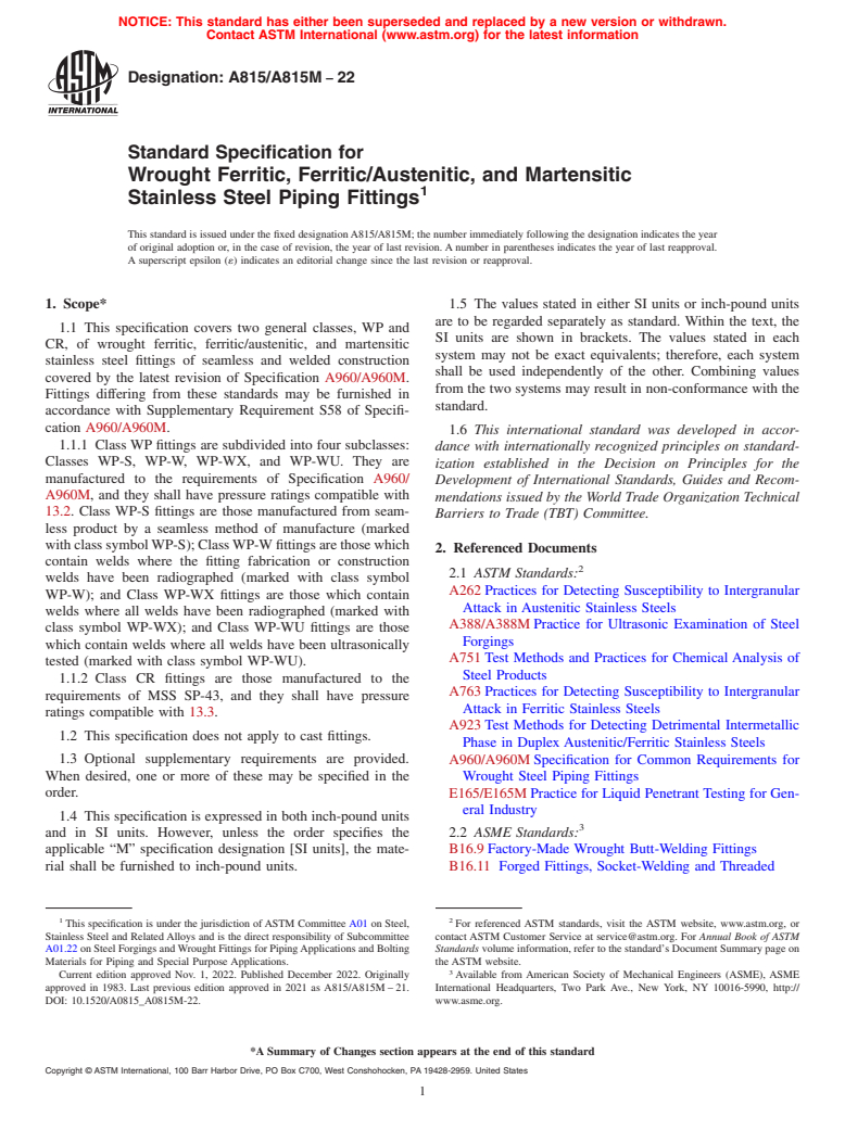 ASTM A815/A815M-22 - Standard Specification for Wrought Ferritic, Ferritic/Austenitic, and Martensitic Stainless  Steel Piping Fittings