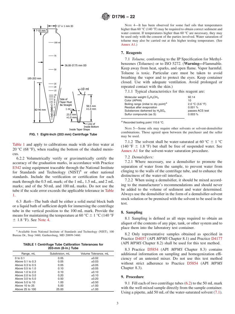 ASTM D1796-22 - Standard Test Method for Water and Sediment in Fuel Oils by the Centrifuge Method (Laboratory  Procedure)