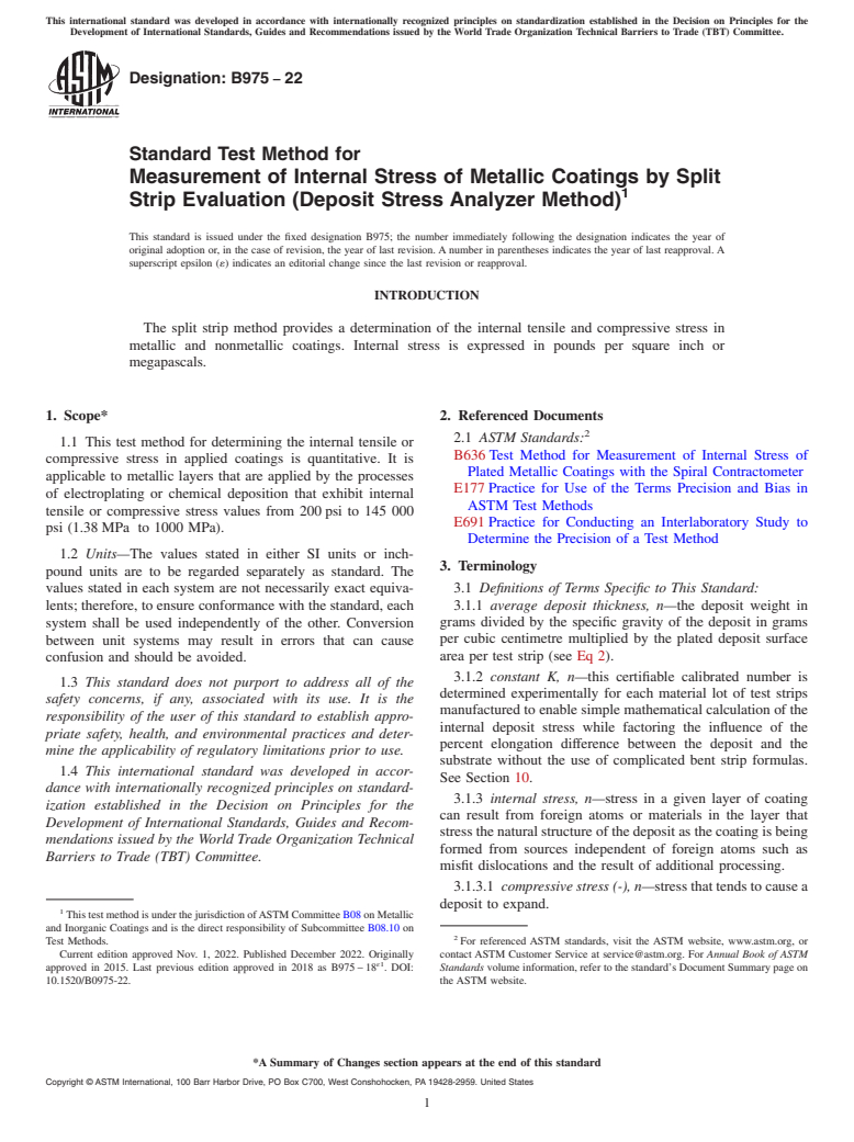 ASTM B975-22 - Standard Test Method for  Measurement of Internal Stress of Metallic Coatings by Split  Strip Evaluation (Deposit Stress Analyzer Method)