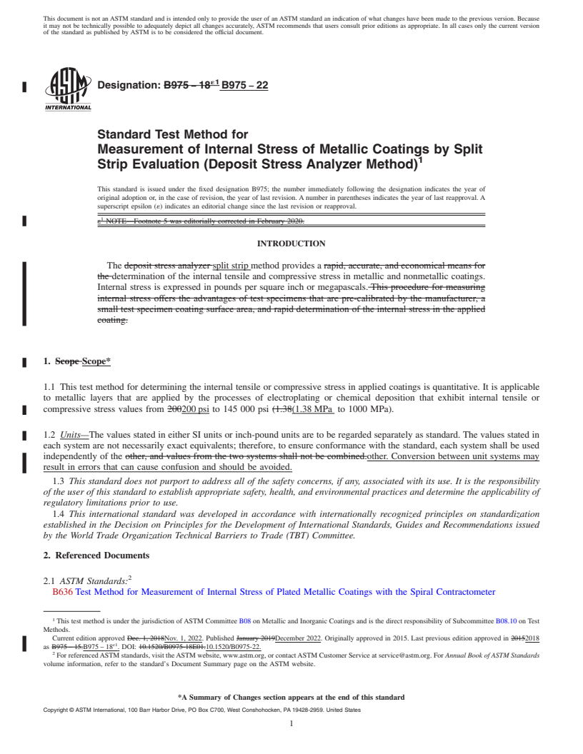 REDLINE ASTM B975-22 - Standard Test Method for  Measurement of Internal Stress of Metallic Coatings by Split  Strip Evaluation (Deposit Stress Analyzer Method)