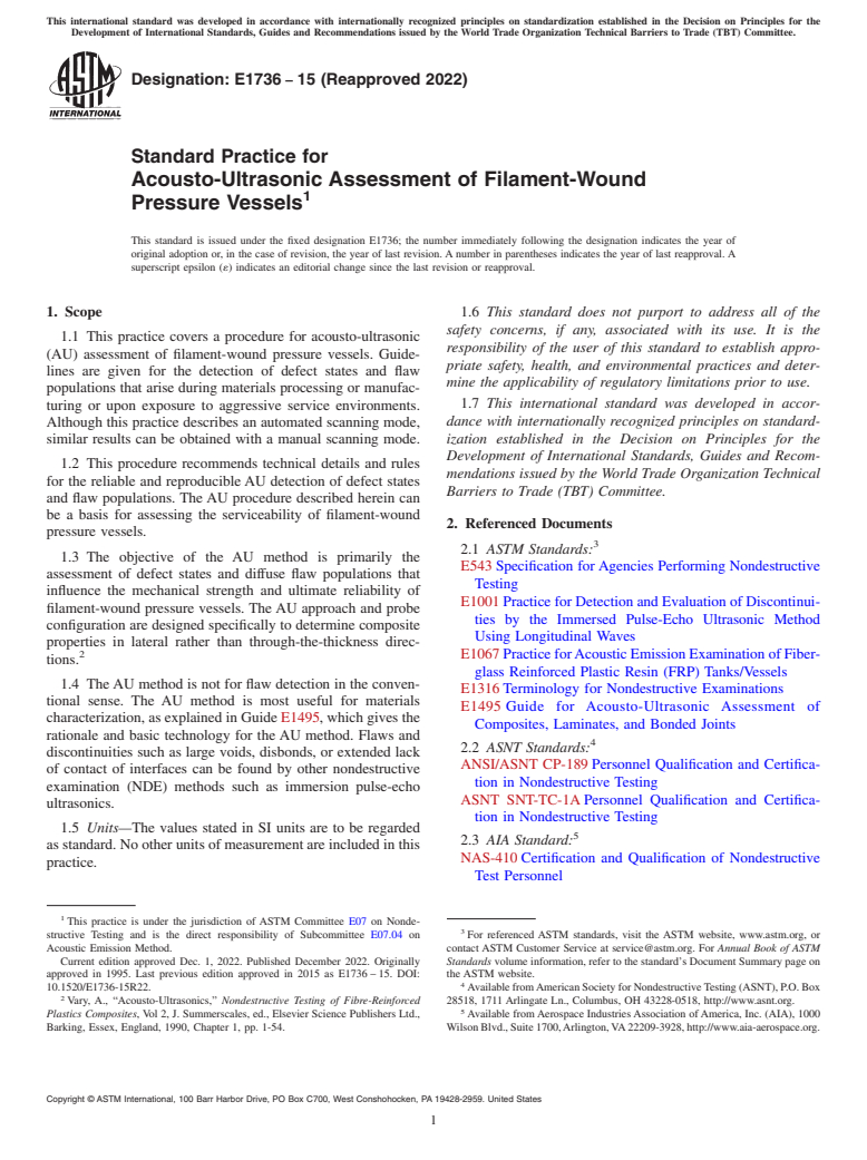 ASTM E1736-15(2022) - Standard Practice for  Acousto-Ultrasonic Assessment of Filament-Wound Pressure Vessels