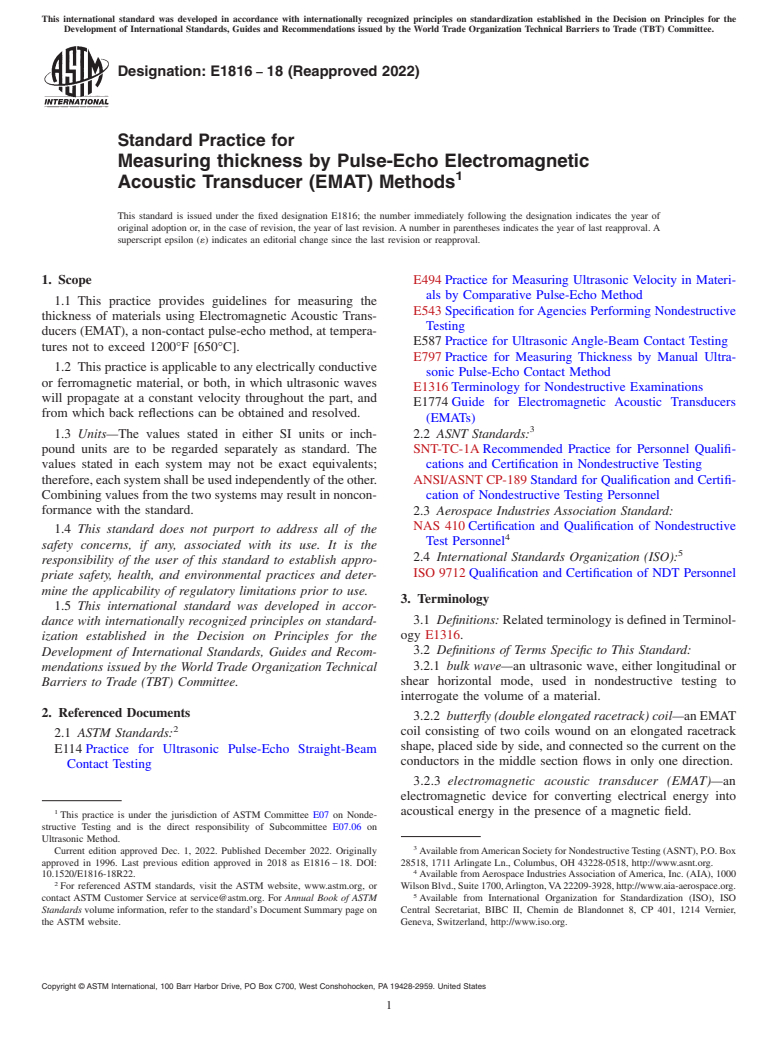 ASTM E1816-18(2022) - Standard Practice for  Measuring thickness by Pulse-Echo Electromagnetic Acoustic  Transducer (EMAT) Methods