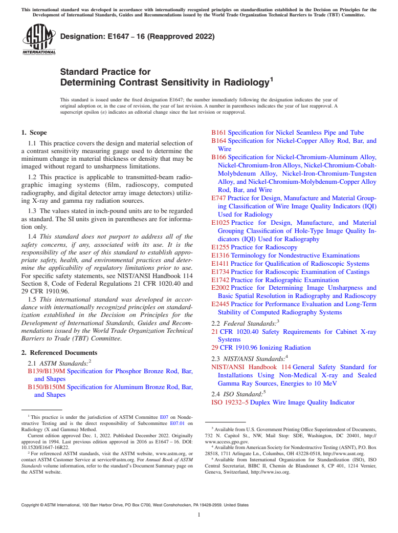 ASTM E1647-16(2022) - Standard Practice for  Determining Contrast Sensitivity in Radiology
