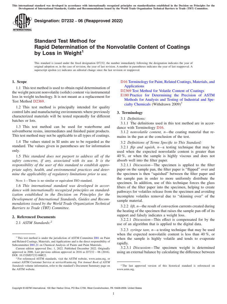 ASTM D7232-06(2022) - Standard Test Method for Rapid Determination of the Nonvolatile Content of Coatings   by Loss    in Weight