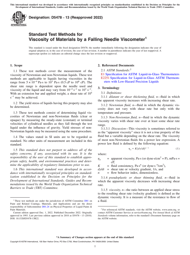 ASTM D5478-13(2022) - Standard Test Methods for Viscosity of Materials by a Falling Needle Viscometer