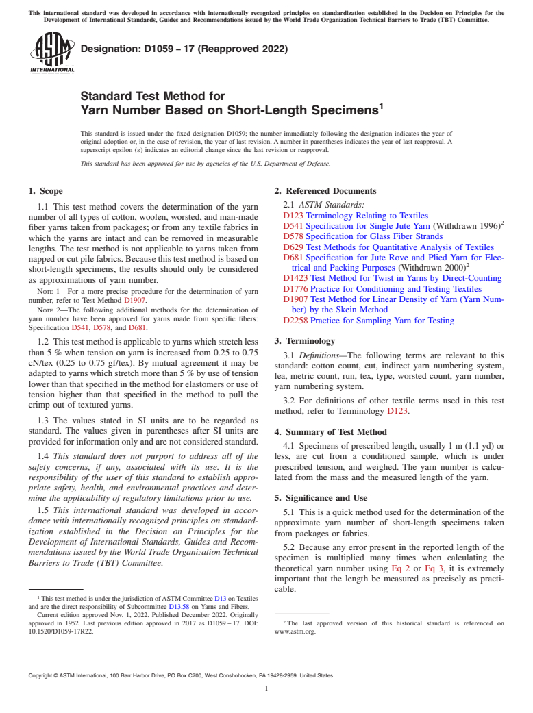 ASTM D1059-17(2022) - Standard Test Method for  Yarn Number Based on Short-Length Specimens