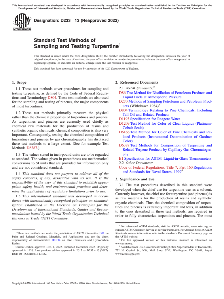 ASTM D233-13(2022) - Standard Test Methods of Sampling and Testing Turpentine