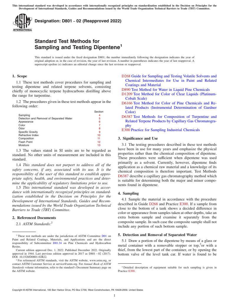 ASTM D801-02(2022) - Standard Test Methods for Sampling and Testing Dipentene