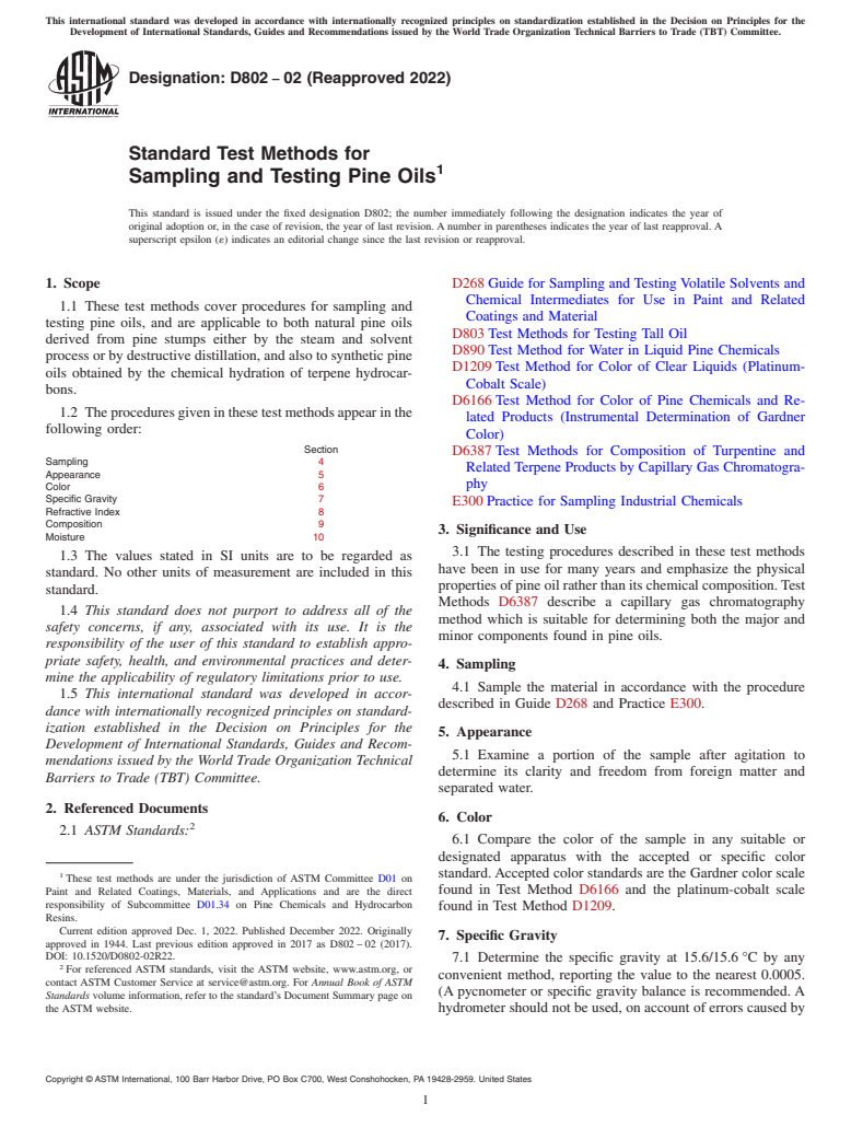 ASTM D802-02(2022) - Standard Test Methods for Sampling and Testing Pine Oils