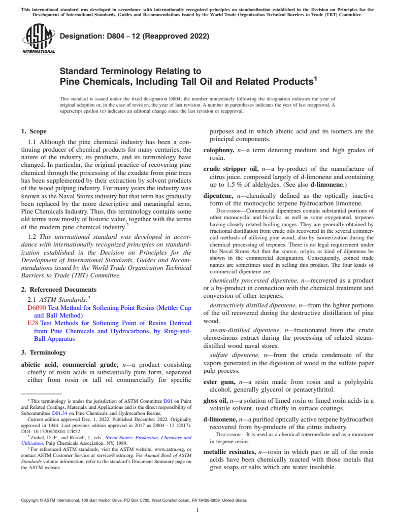 ASTM D804-12(2022) - Standard Terminology Relating to Pine Chemicals, Including Tall Oil and Related Products