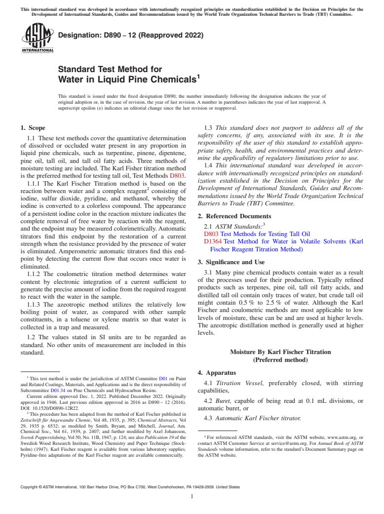 ASTM D890-12(2022) - Standard Test Method for Water in Liquid Pine Chemicals