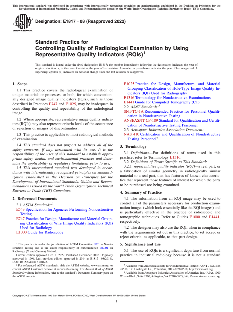 ASTM E1817-08(2022) - Standard Practice for  Controlling Quality of Radiological Examination by Using Representative  Quality Indicators (RQIs)