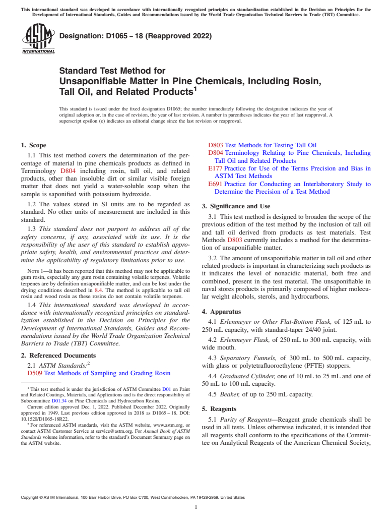 ASTM D1065-18(2022) - Standard Test Method for Unsaponifiable Matter in Pine Chemicals, Including Rosin, Tall   Oil, and  Related Products