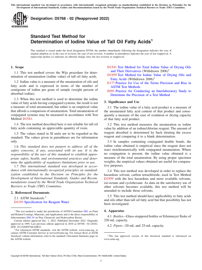 ASTM D5768-02(2022) - Standard Test Method for Determination of Iodine Value of Tall Oil Fatty Acids