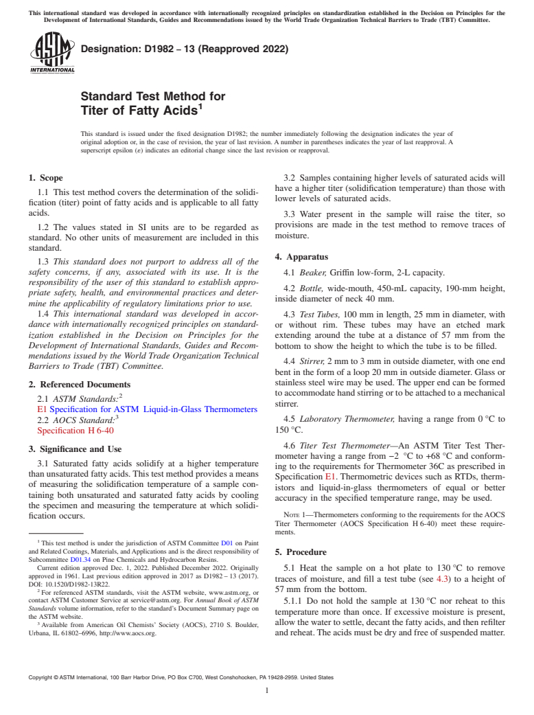 ASTM D1982-13(2022) - Standard Test Method for Titer of Fatty Acids