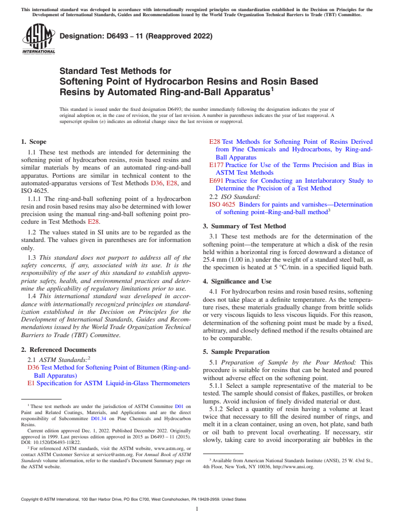 ASTM D6493-11(2022) - Standard Test Methods for Softening Point of Hydrocarbon Resins and Rosin Based Resins   by Automated Ring-and-Ball Apparatus