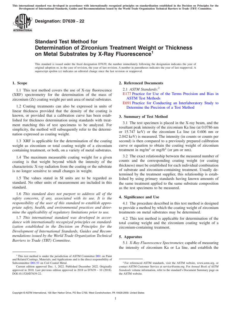 ASTM D7639-22 - Standard Test Method for Determination of Zirconium Treatment Weight or Thickness on   Metal Substrates by X-Ray Fluorescence