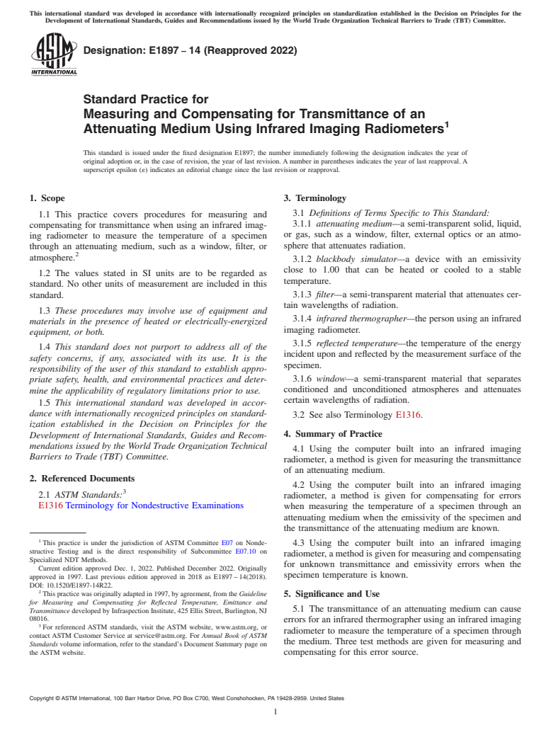 ASTM E1897-14(2022) - Standard Practice for  Measuring and Compensating for Transmittance of an Attenuating  Medium Using Infrared Imaging Radiometers