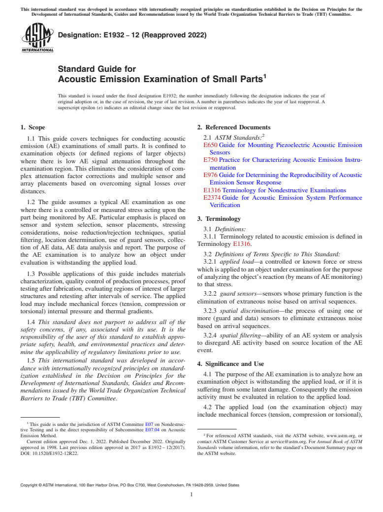 ASTM E1932-12(2022) - Standard Guide for  Acoustic Emission Examination of Small Parts