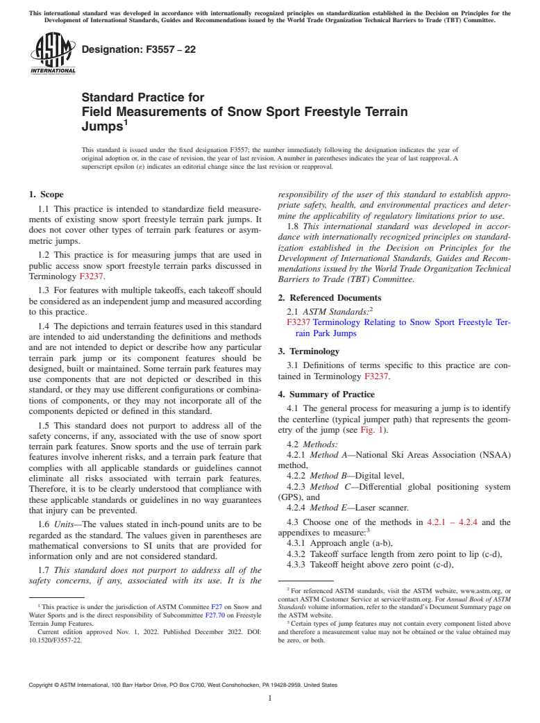 ASTM F3557-22 - Standard Practice for Field Measurements of Snow Sport Freestyle Terrain Jumps