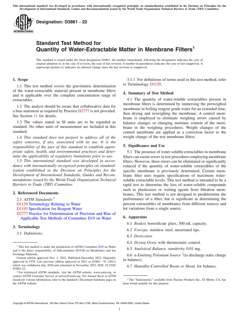 ASTM D3861-22 - Standard Test Method for  Quantity of Water-Extractable Matter in Membrane Filters