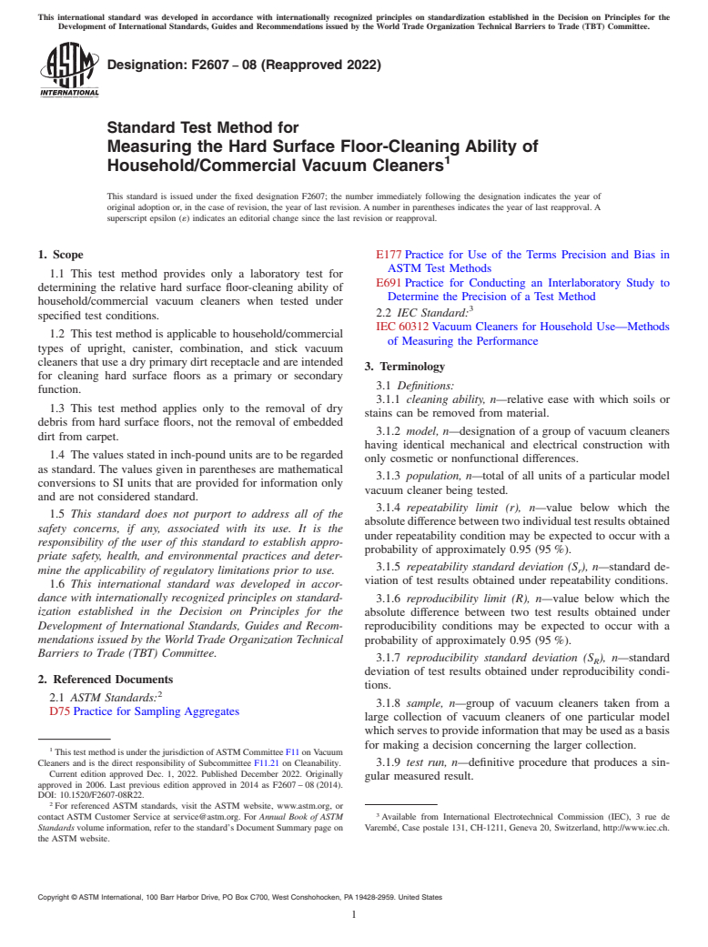 ASTM F2607-08(2022) - Standard Test Method for  Measuring the Hard Surface Floor-Cleaning Ability of Household/Commercial  Vacuum Cleaners