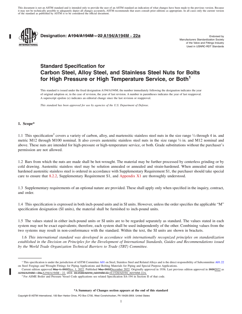 REDLINE ASTM A194/A194M-22a - Standard Specification for  Carbon Steel, Alloy Steel, and Stainless Steel Nuts for Bolts  for High Pressure or High Temperature Service, or Both