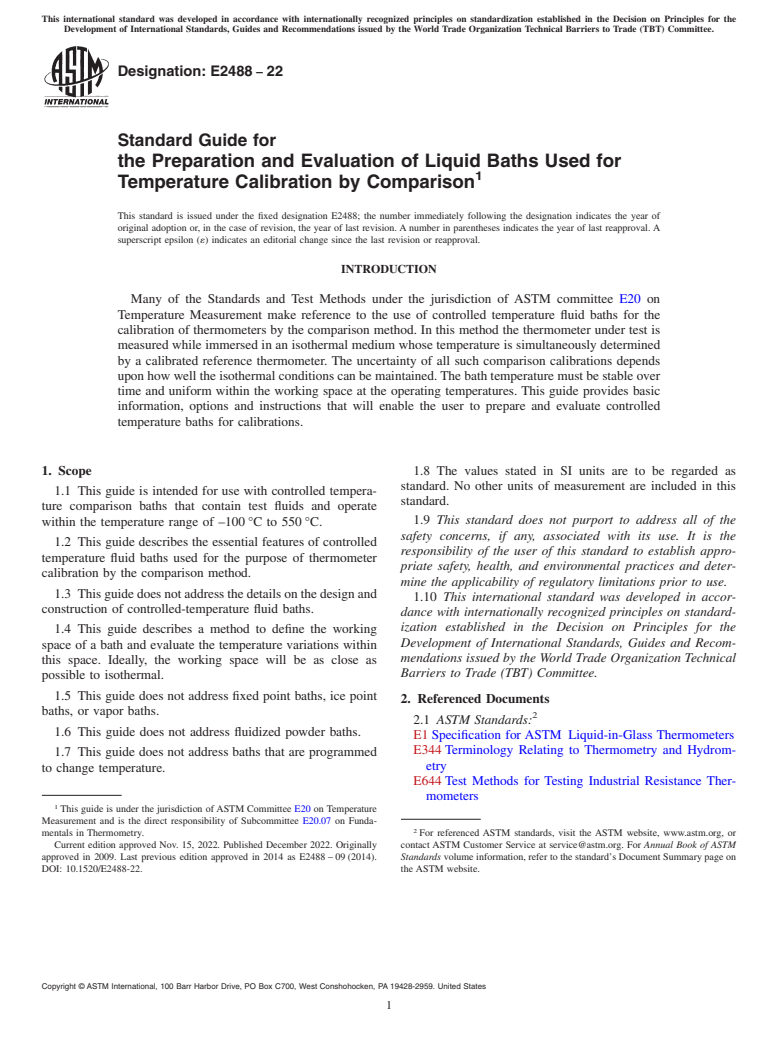 ASTM E2488-22 - Standard Guide for  the Preparation and Evaluation of Liquid Baths Used for Temperature Calibration by Comparison