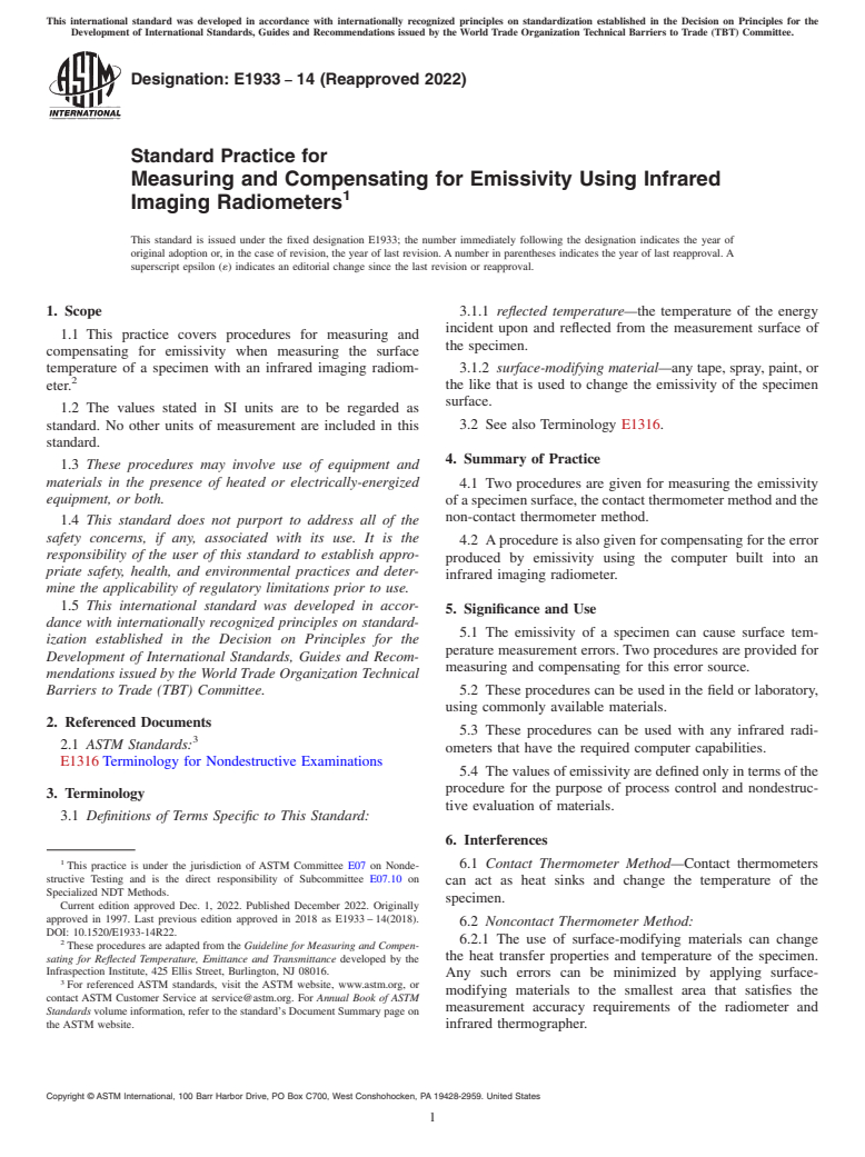 ASTM E1933-14(2022) - Standard Practice for  Measuring and Compensating for Emissivity Using Infrared Imaging  Radiometers