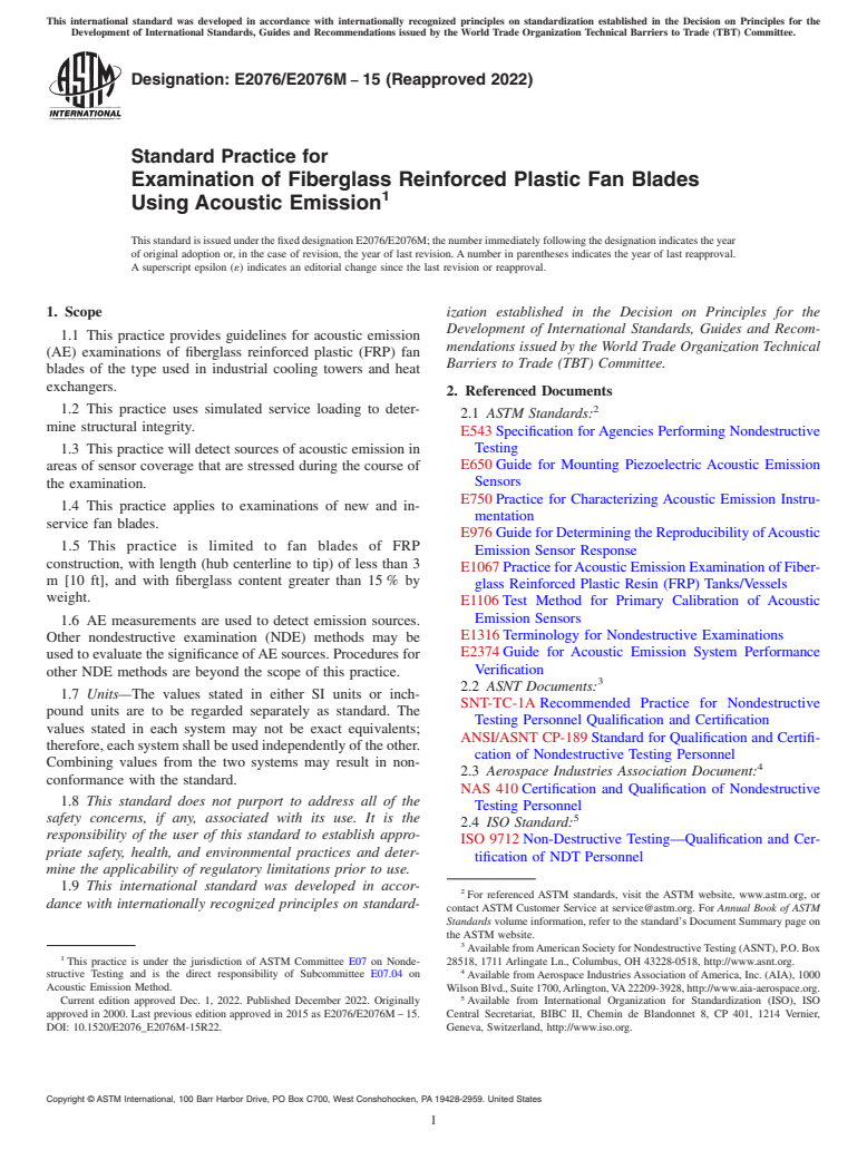 ASTM E2076/E2076M-15(2022) - Standard Practice for  Examination of Fiberglass Reinforced Plastic Fan Blades Using  Acoustic Emission