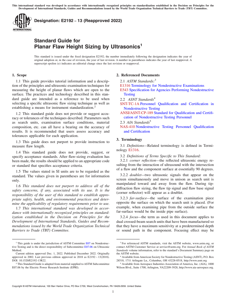 ASTM E2192-13(2022) - Standard Guide for  Planar Flaw Height Sizing by Ultrasonics