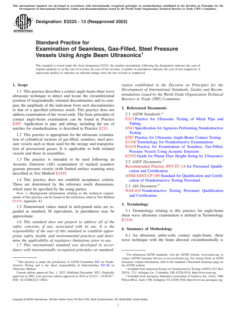 ASTM E2223-13(2022) - Standard Practice for Examination of Seamless, Gas-Filled, Steel Pressure Vessels  Using Angle Beam Ultrasonics