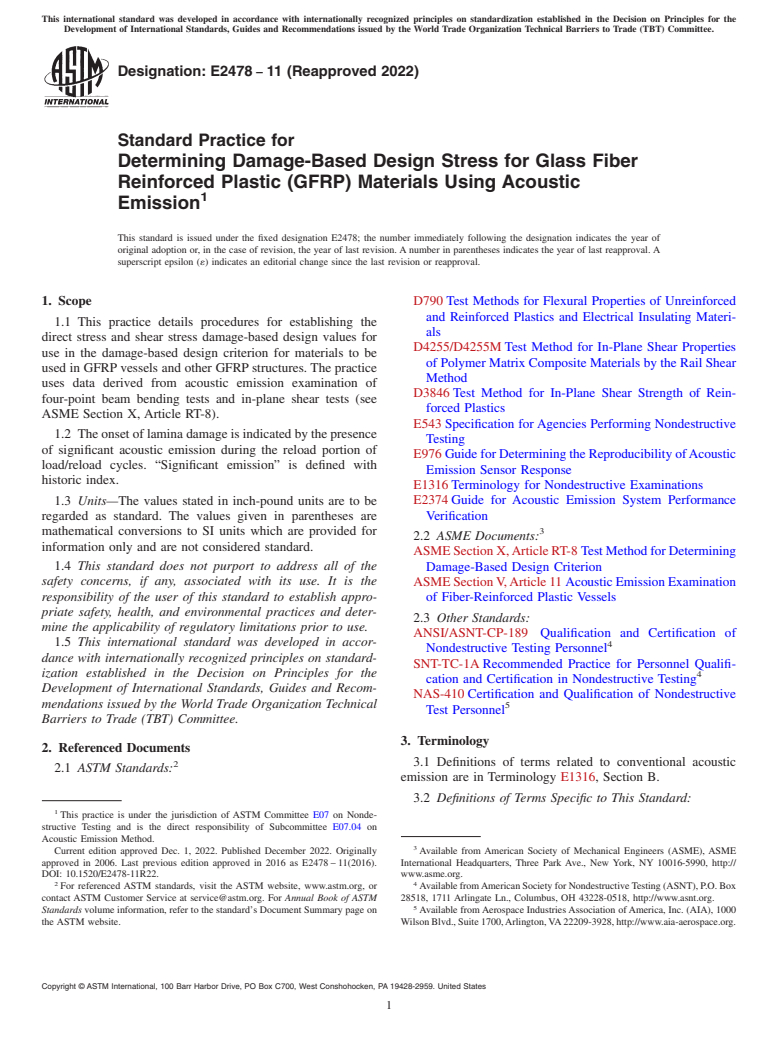 ASTM E2478-11(2022) - Standard Practice for  Determining Damage-Based Design Stress for Glass Fiber Reinforced  Plastic (GFRP) Materials Using Acoustic Emission