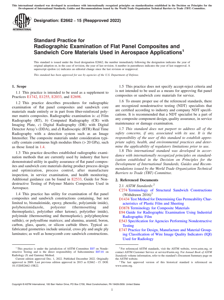 ASTM E2662-15(2022) - Standard Practice for  Radiographic Examination of Flat Panel Composites and Sandwich  Core Materials Used in Aerospace Applications