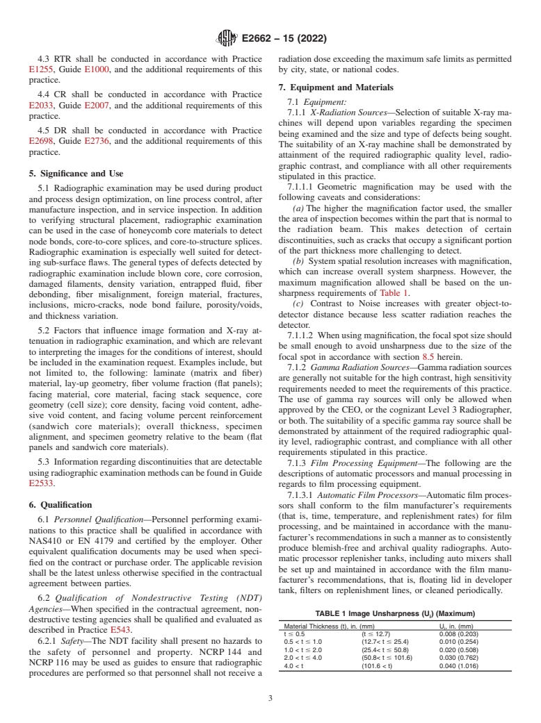 ASTM E2662-15(2022) - Standard Practice for  Radiographic Examination of Flat Panel Composites and Sandwich  Core Materials Used in Aerospace Applications