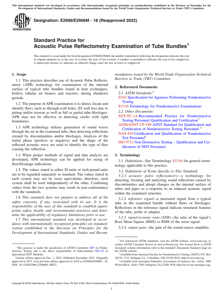 ASTM E2906/E2906M-18(2022) - Standard Practice for Acoustic Pulse Reflectometry Examination of Tube Bundles