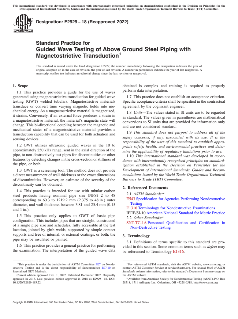 ASTM E2929-18(2022) - Standard Practice for Guided Wave Testing of Above Ground Steel Piping with Magnetostrictive  Transduction