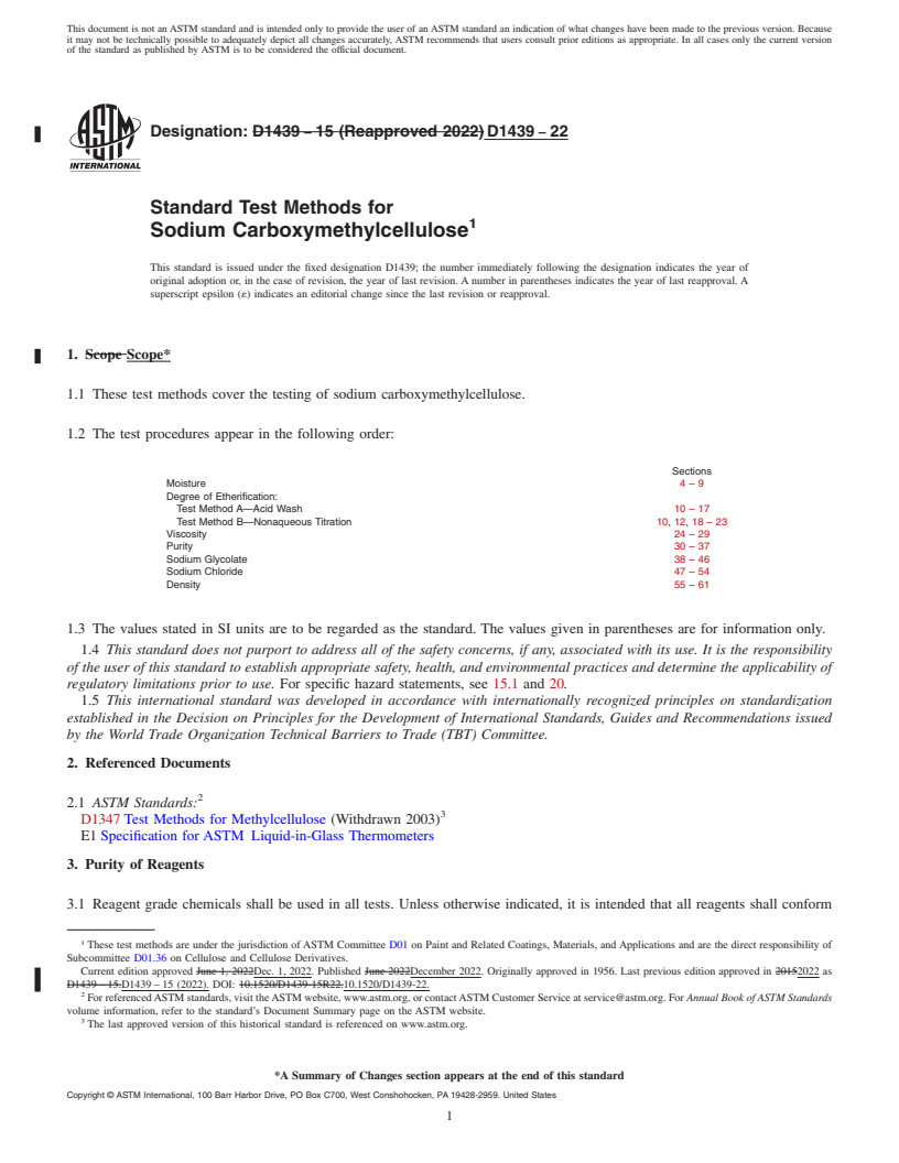 REDLINE ASTM D1439-22 - Standard Test Methods for Sodium Carboxymethylcellulose