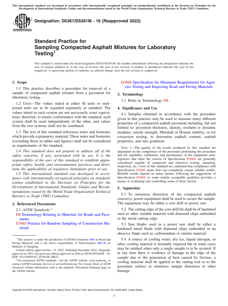 ASTM D5361/D5361M-16(2022) - Standard Practice for  Sampling Compacted Asphalt Mixtures for Laboratory Testing