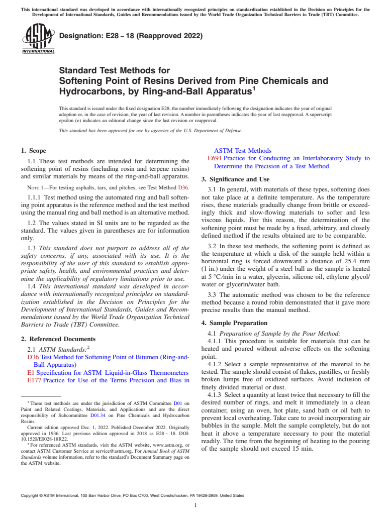 ASTM E28-18(2022) - Standard Test Methods for Softening Point of Resins Derived from Pine Chemicals and Hydrocarbons,  by Ring-and-Ball  Apparatus