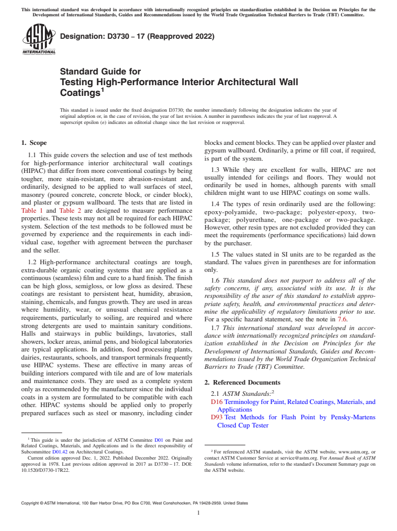 ASTM D3730-17(2022) - Standard Guide for Testing High-Performance Interior Architectural Wall Coatings