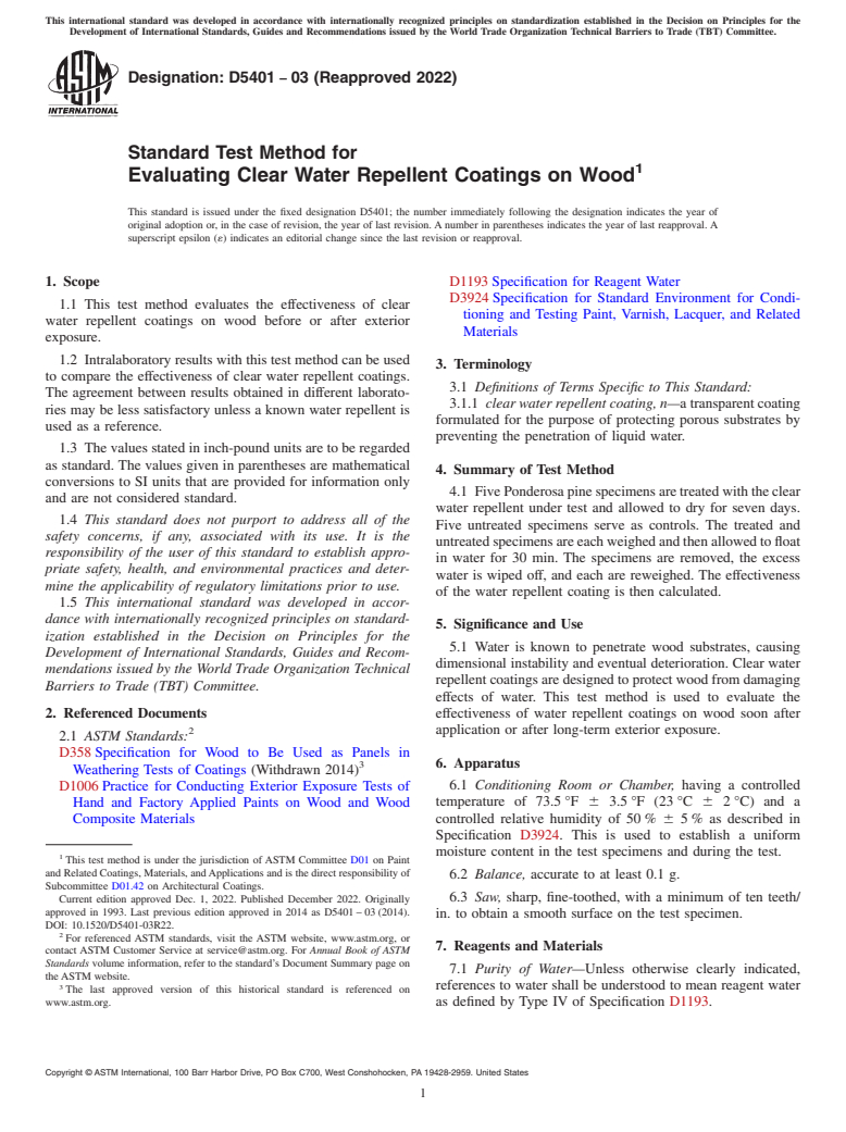 ASTM D5401-03(2022) - Standard Test Method for Evaluating Clear Water Repellent Coatings on Wood