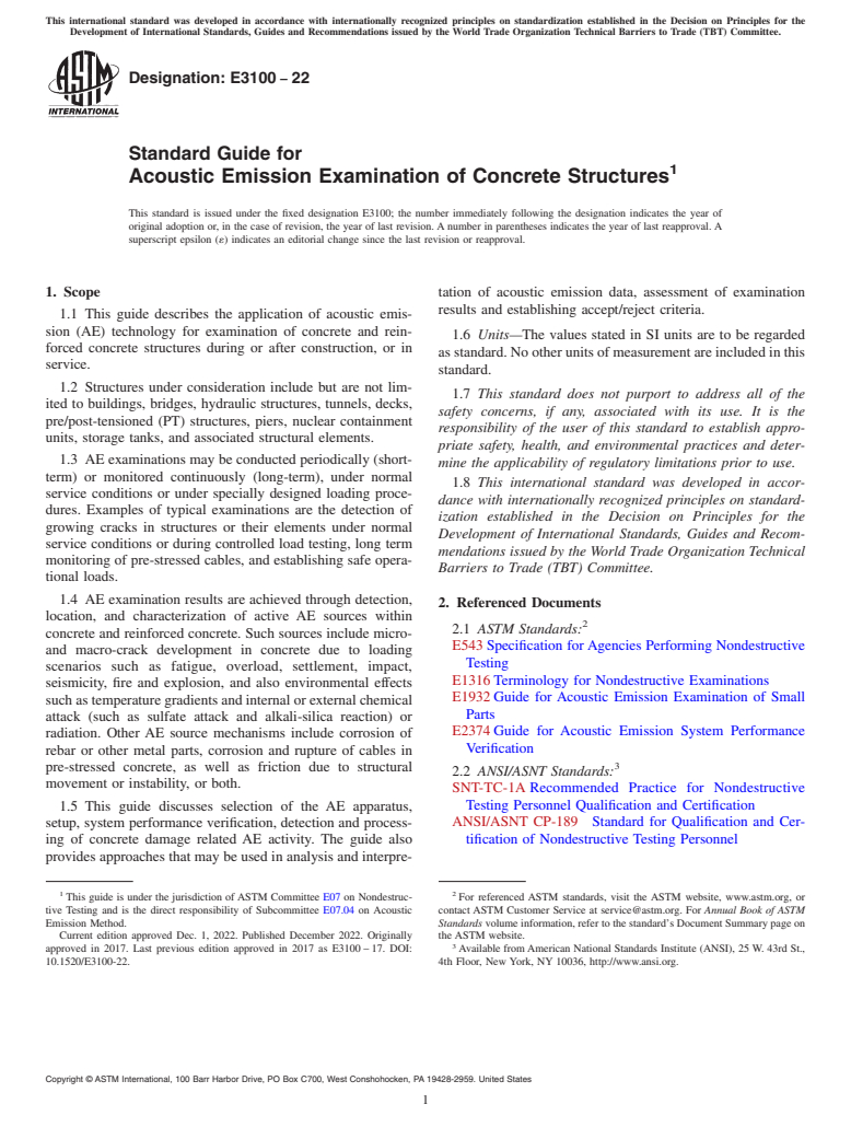 ASTM E3100-22 - Standard Guide for Acoustic Emission Examination of Concrete Structures