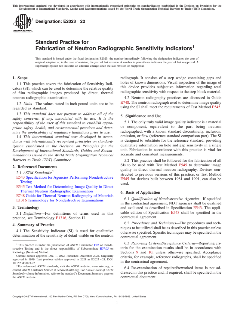 ASTM E2023-22 - Standard Practice for  Fabrication of Neutron Radiographic Sensitivity Indicators