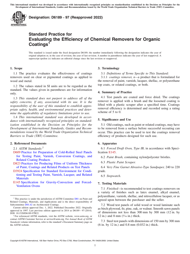 ASTM D6189-97(2022) - Standard Practice for Evaluating the Efficiency of Chemical Removers for Organic  Coatings