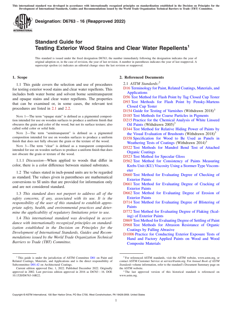 ASTM D6763-16(2022) - Standard Guide for Testing Exterior Wood Stains and Clear Water Repellents