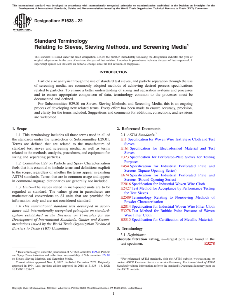 ASTM E1638-22 - Standard Terminology  Relating to Sieves, Sieving Methods, and Screening Media